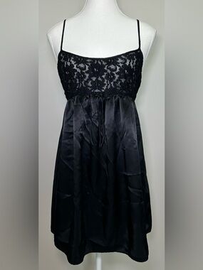 Vintage Val Mode Black Lace Satin Babydoll Slip Dress Romantic Goth Fairy M L